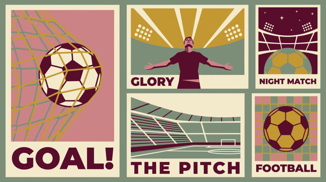 Set of retro football posters with soccer ball in net stadium and celebrating player, perfect for sports marketing, retro graphic design and soccer fan merchandise