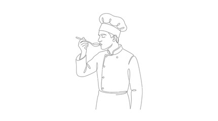 Fototapeta premium Line art illustration of a professional chef tasting food from a spoon.