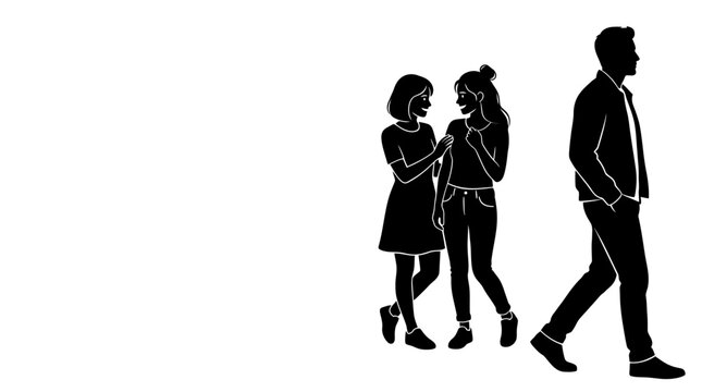 Silhouette illustration of a man walking past two talking women.