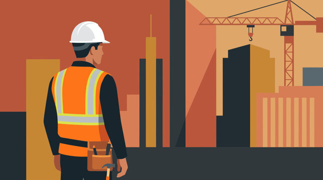 back view of a professional civil engineer looking at a city construction site with cranes, perfect for industrial banners, real estate marketing and development presentation