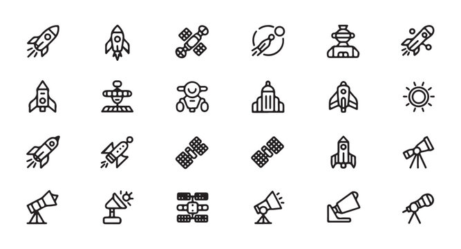 Space and rocket line icons. collection of cosmos icon vector. shuttle icon, spaceship, telescope.