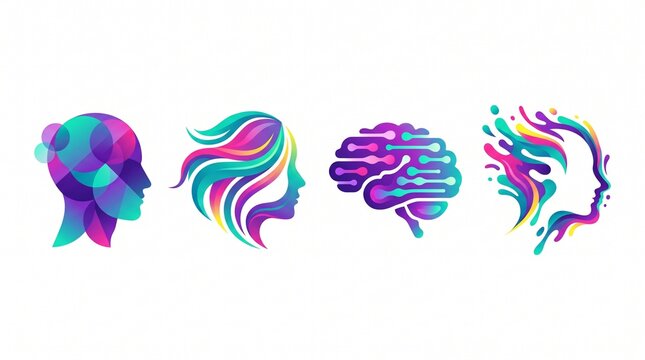 Modern colorful human head profiles and brain icon set with vibrant gradients on white background, perfect for technology branding, mental health clinics and creative studio logos