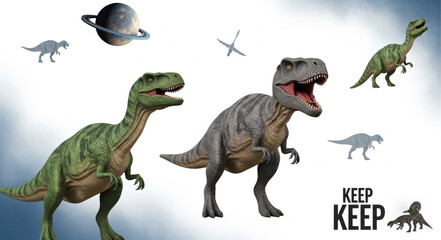 Various dinosaurs and space elements on a white background. © Lili