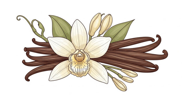 Vanilla Orchid Flower and Pods Illustration.