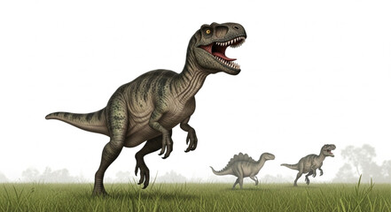 Tyrannosaurus Rex Dinosaur Chasing Smaller Dinosaurs Across Grassy Field. © Lili