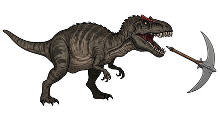 Tyrannosaurus Rex Dinosaur Holding a Pickaxe Tool. © Lili