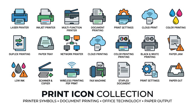 Print icon set with pictogram symbols isolated on white background for office and document design collection