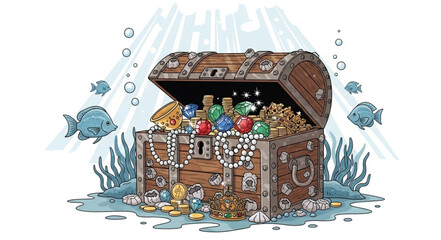 Underwater Treasure Chest Overflowing with Gold Coins and Jewels. © Lili