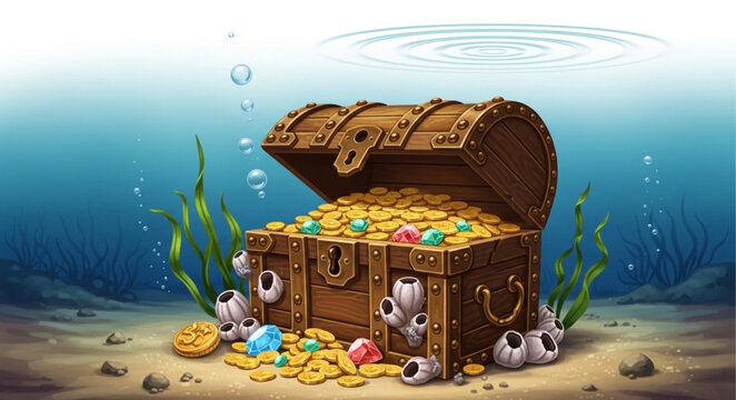Underwater Treasure Chest Filled With Gold Coins And Jewels.