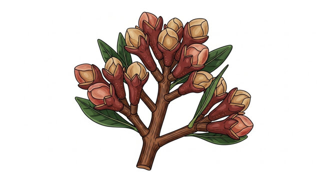 Unopened Clove Buds on a Branch with Leaves.