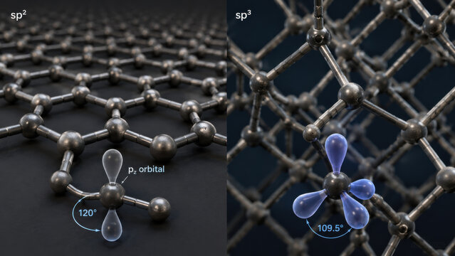 Fascinating view to compare carbon atom hybridization state showing diamond crystal structure versus planar graphene lattice highlighting orbital network beautifully