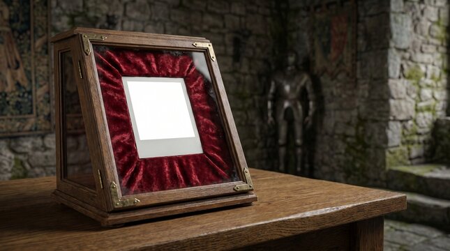 Antique wooden display case with red velvet in medieval castle room