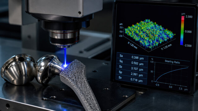 Advanced optical measuring surface roughness of precision machined implant component displays confident analytical medical technology utilizing blue laser system