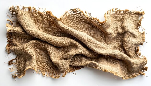 Tan burlap fabric, textured and crumpled, with frayed edges, against a white background