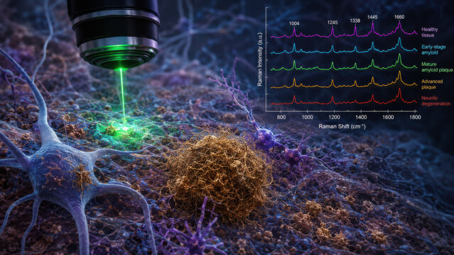 Fascinating spectroscopy visualization showing amyloid plaque formation inside alzheimer brain tissue. Microscope analyzing neuron cell structure during intense medical research and discovery