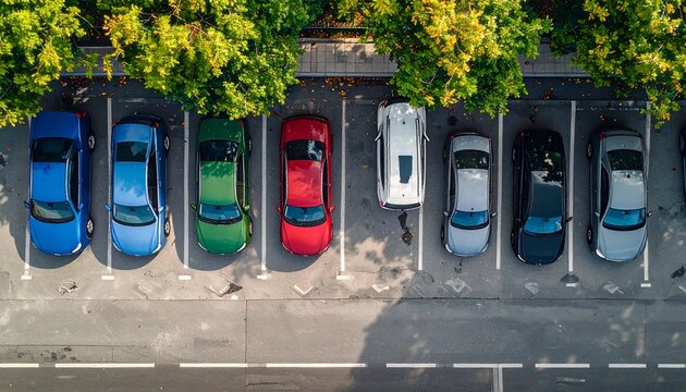 Overhead shot of parked cars in diverse colors beneath green tree canopy