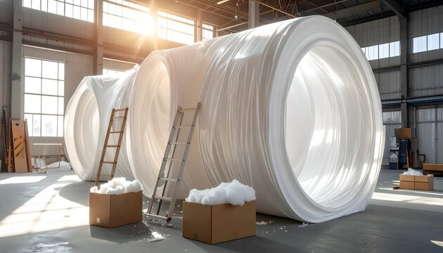 Large, white, circular objects wrapped in plastic within a bright industrial warehouse