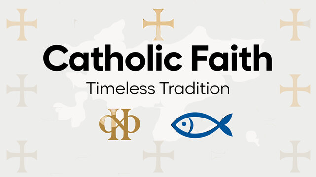 A graphic design featuring 'Catholic Faith Timeless Tradition' with Christian symbols like crosses, Chi-Rho, and Ichthys fish on a light background.