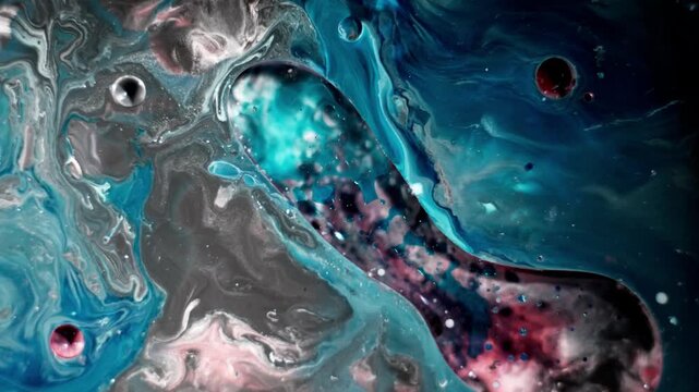 Cinematic macro capture of deep blue and white alcohol ink patterns. The swirling mimics interstellar dust clouds, providing a serene and mysterious background.