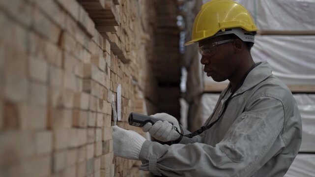 Factory Worker Examining Timber Stacks at Lumber Industry Warehouse