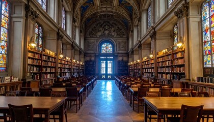 Naklejka premium Ornate library interior with rows of books, tables, stained glass, & high ceilings