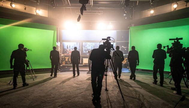 Professional camera crew silhouetted against bright studio lights and green screens actively filming a production in a television studio.