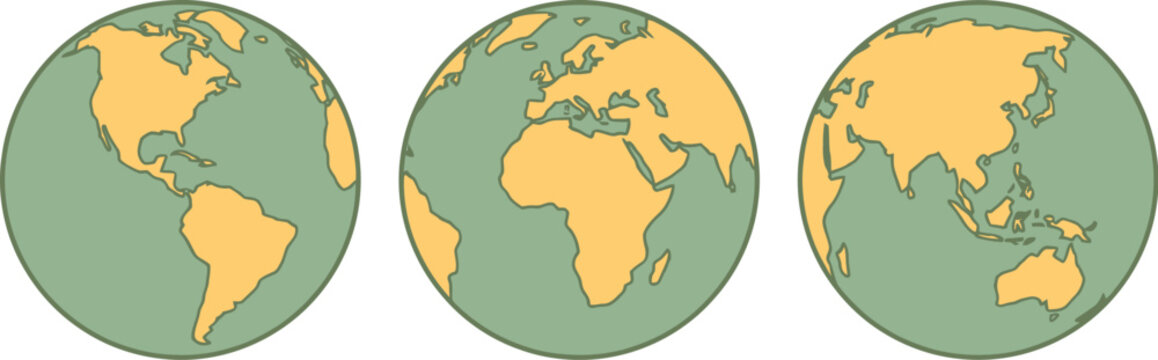 Three simplified illustrations of planet Earth are displayed side by side, each showing a different continental perspective.