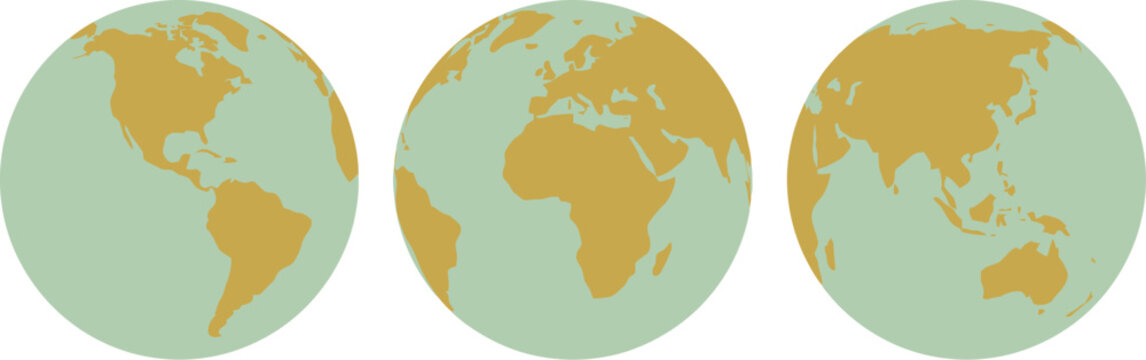 Three stylized globes show different continental perspectives of the planet Earth with continents in yellow.