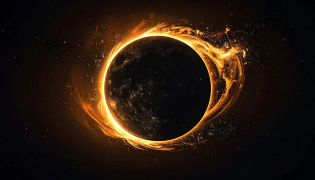 Solar eclipse with fiery ring around dark moon in space