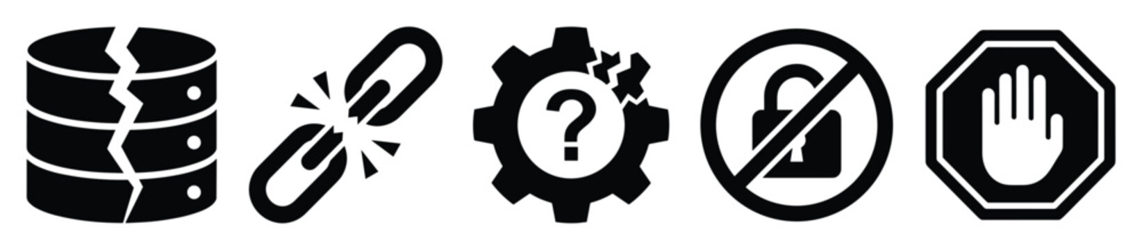 Set of error icons. System problem, database failure, broken link, process malfunction, restricted access, warning, stop symbols. Data loss, security breach, technical difficulty, connection issue,