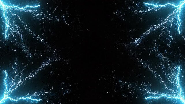 Glowing Cyan Electric Lightning Corner Border VFX on Black Background