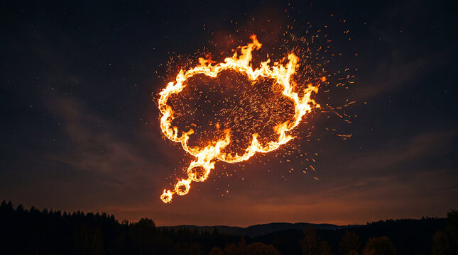 Flaming speech bubble shape glowing in the dark night sky over forest