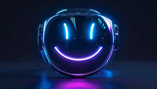 Glowing neon smiley face in futuristic helmet