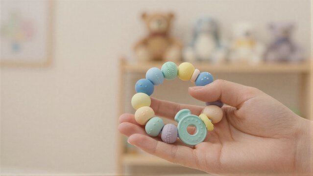 Hand holds colorful baby teether ring with soft plush toys in