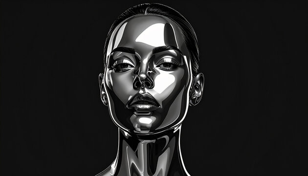 Shiny metallic humanoid robot face with futuristic design