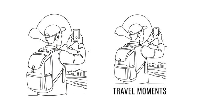 Continuous line drawing of a traveler with a backpack taking a photo.