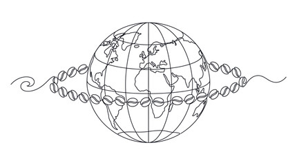 Continuous line art of a globe encircled by coffee beans. © aquaa