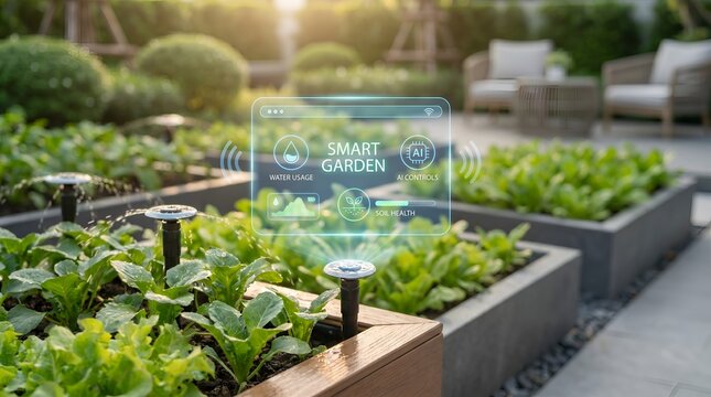 Smart garden with AI controls and automated sprinklers watering green plants