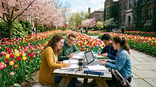 Focused university students preparing for exams and collaborating on assignments outdoors, surrounded by stunning spring flowers and lush campus scenery