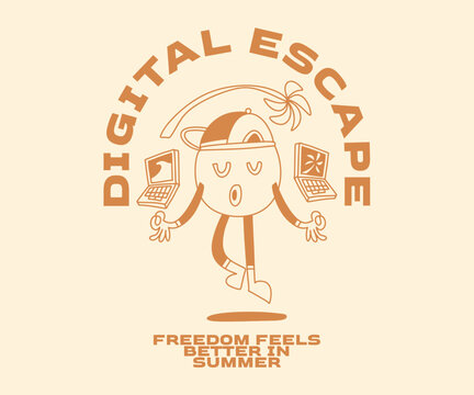 Digital Escape Summer Vacation T-shirt Design for Print. Retro Summer Cartoon Vector Illustration. Clothing Apparel Design for Brand, Tropical, Beach, Remote Worker, Digital Nomad Graphic Tee