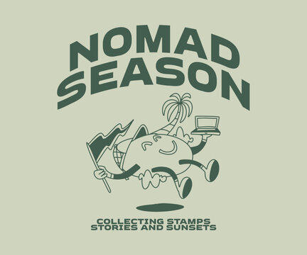 Nomad Season Summer Vacation T-shirt Design for Print. Retro Summer Cartoon Vector Illustration. Clothing Apparel Design for Brand, Tropical, Beach, Remote Worker, Digital Nomad Graphic Tee