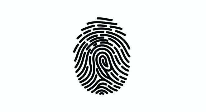Close-up of a black fingerprint with clear ridges and whorls on a white background.