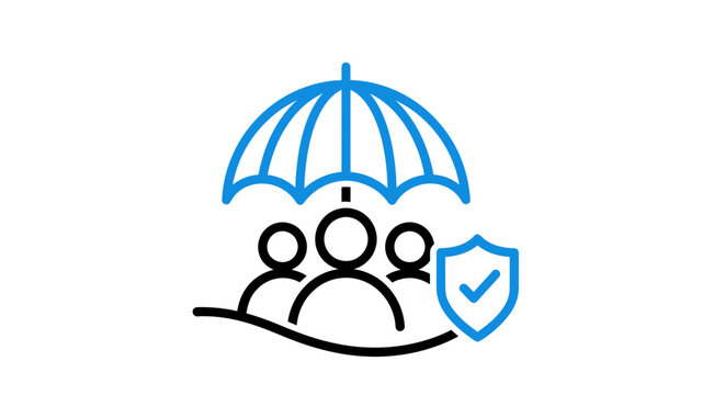 People under a blue umbrella protected by a shield symbol representing safety and protection.