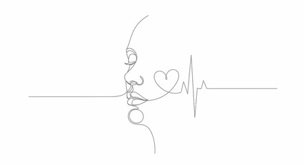 Abstract Woman Face Line Art with Heartbeat and Heart © Klumbrak