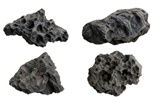 Rough textured asteroid rock fragments isolated transparent