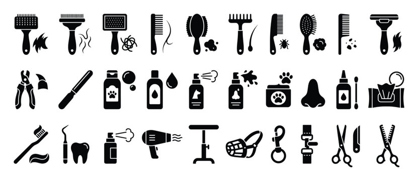 Set of pet grooming icons. Animal care, hygiene, salon tools, dog, cat, bath, brush, comb, shampoo, clipper, scissors, hairdryer, veterinary supplies.