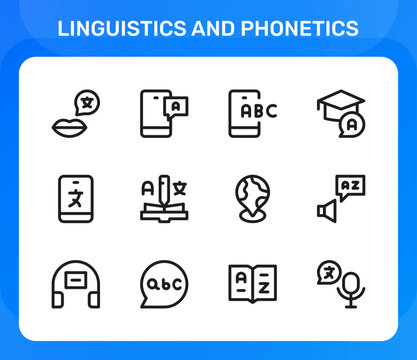 Linguistics and Phonetics icon set. Editable line icons. Professional and modern outline icon collection vector illustration including detailed syntax tree and sentence structure graphics