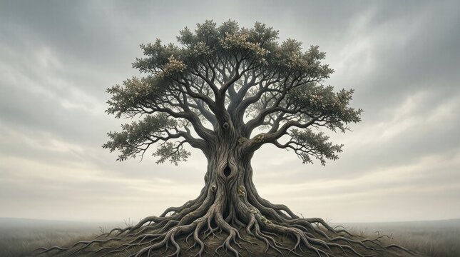 Large gnarled tree with exposed roots on misty plain under cloudy sky