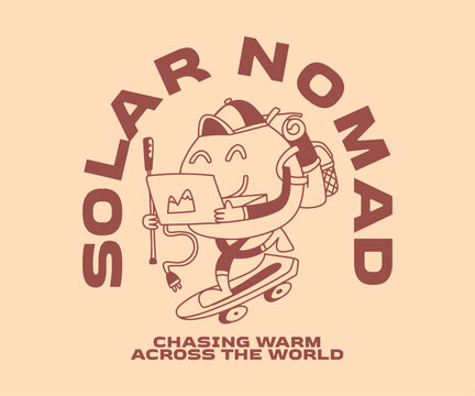 Solar Nomad, Summer Vacation T-shirt Design for Print. Retro Summer Cartoon Vector Illustration. Clothing Apparel Design for Brand, Tropical, Beach, Remote Worker, Digital Nomad Graphic Tee