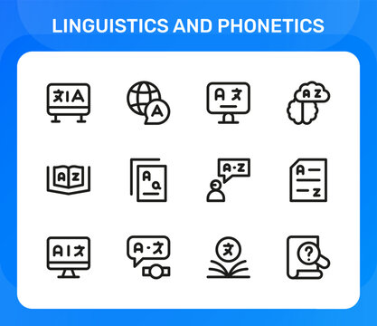Linguistics and Phonetics icon set. Editable line icons. Professional and modern outline icon pack vector illustration of historical etymology and language family tree graphics in a minimal design.